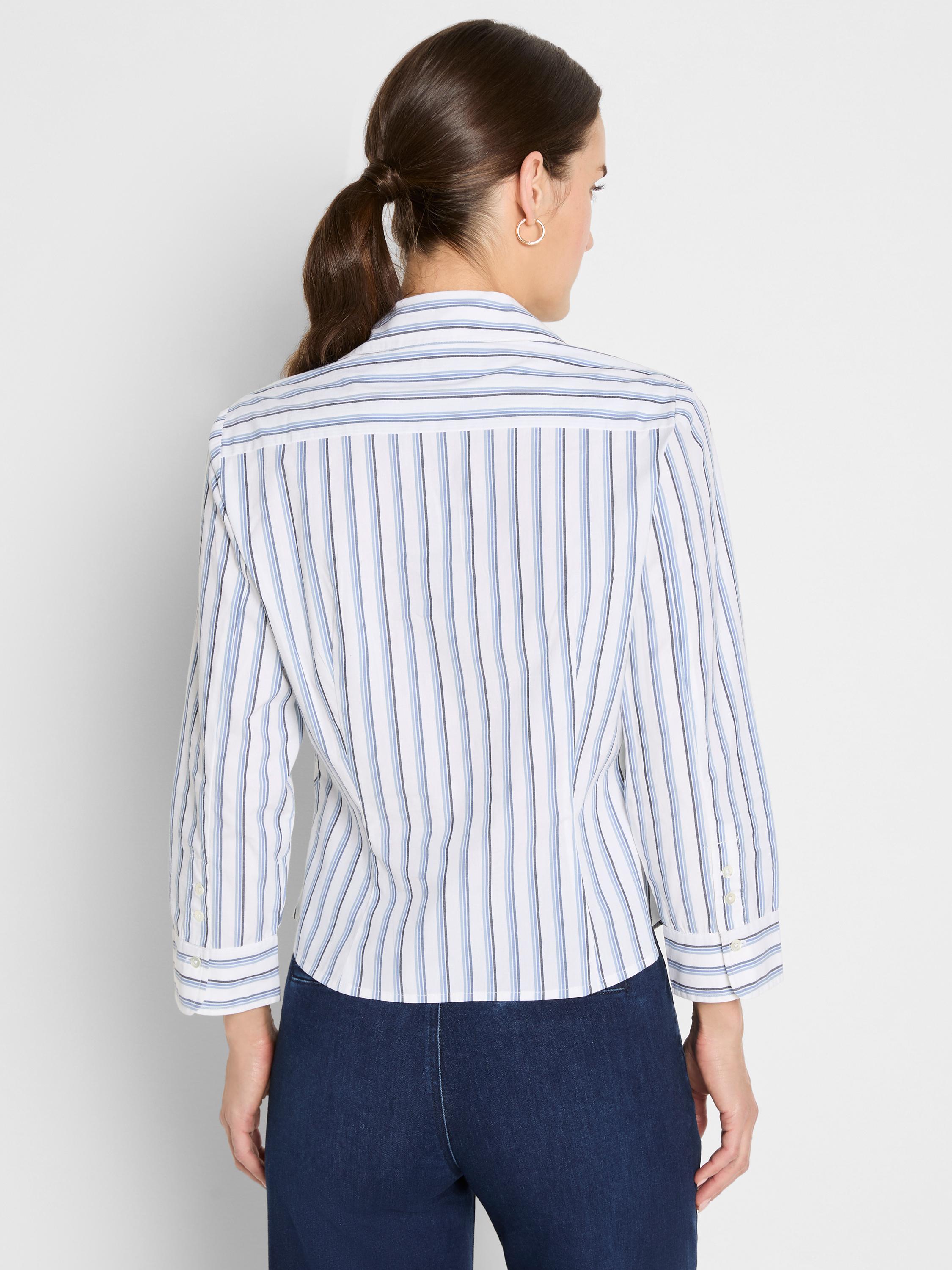 A tailored white blouse with vertical blue and grey stripes features three-quarter length sleeves cuffed at the forearm.
