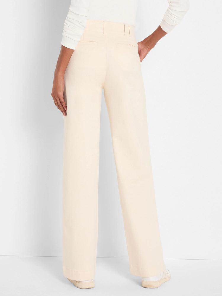 Cream wide-leg trouser jeans, rear view. Features high waist, belt loops, and horizontal back welt pockets.