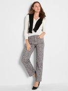 Taupe straight ankle jeans featuring a subtle, light grey leopard print pattern.