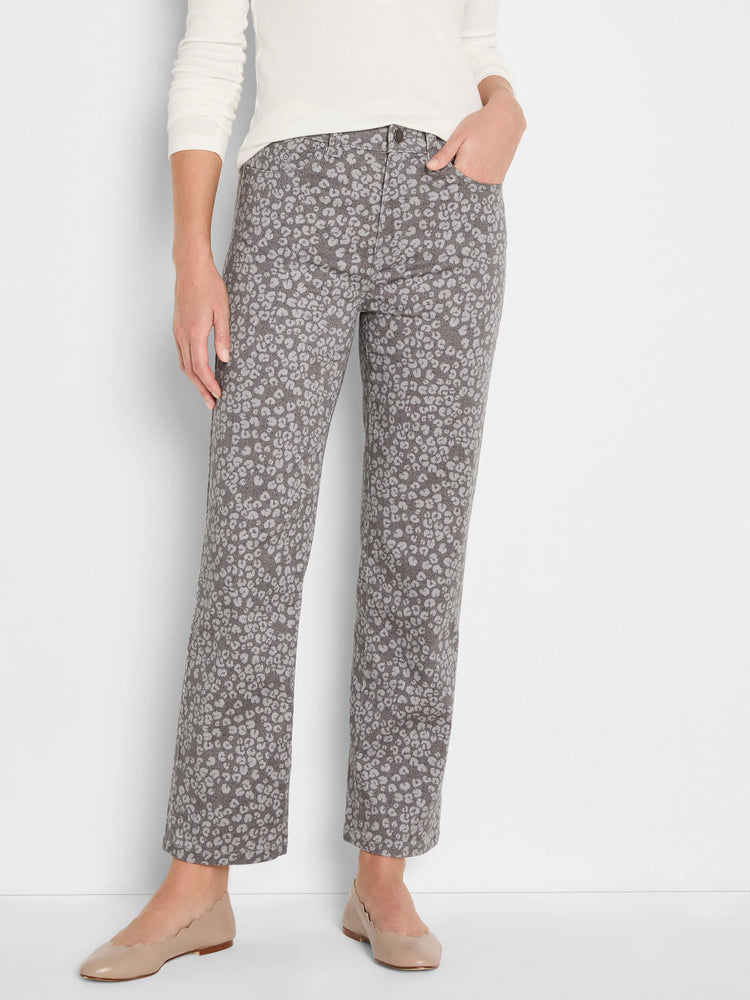 Straight ankle jeans, dark taupe base with light grey leopard print pattern.