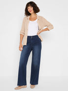 Dark blue wide-leg trouser jeans, high-waisted with a double button closure.