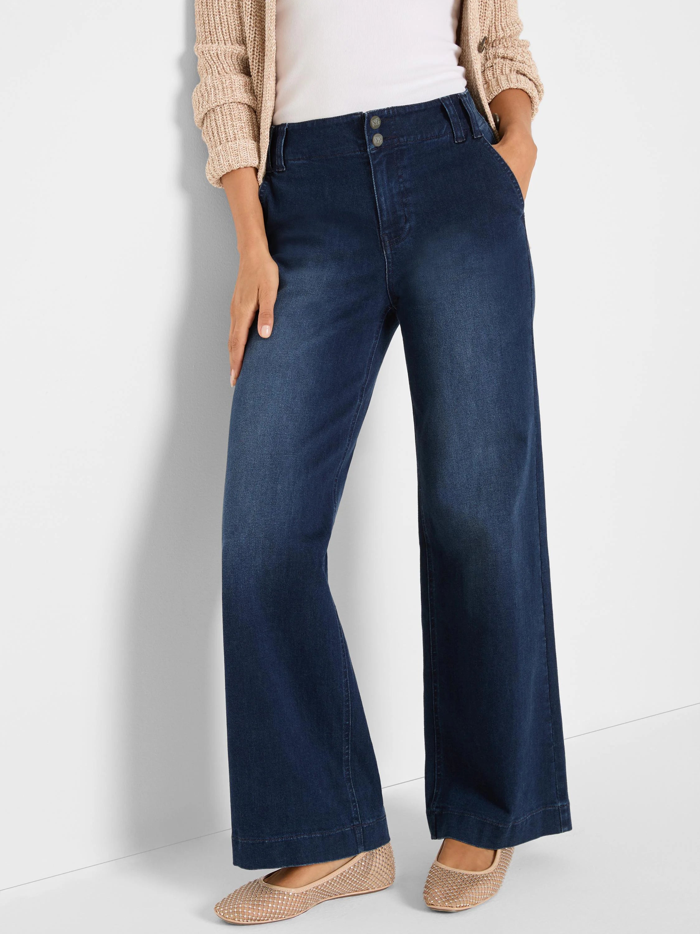 Dark wash wide-leg trouser jeans with a high waist, flat front, and two-button closure.