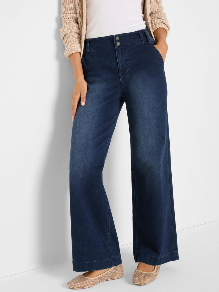 Dark wash wide-leg trouser jeans with a high waist, flat front, and two-button closure.