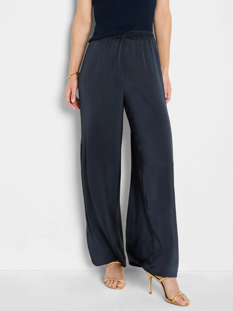 Dark blue, glossy wide-leg pull-on pants with an elastic waistband.