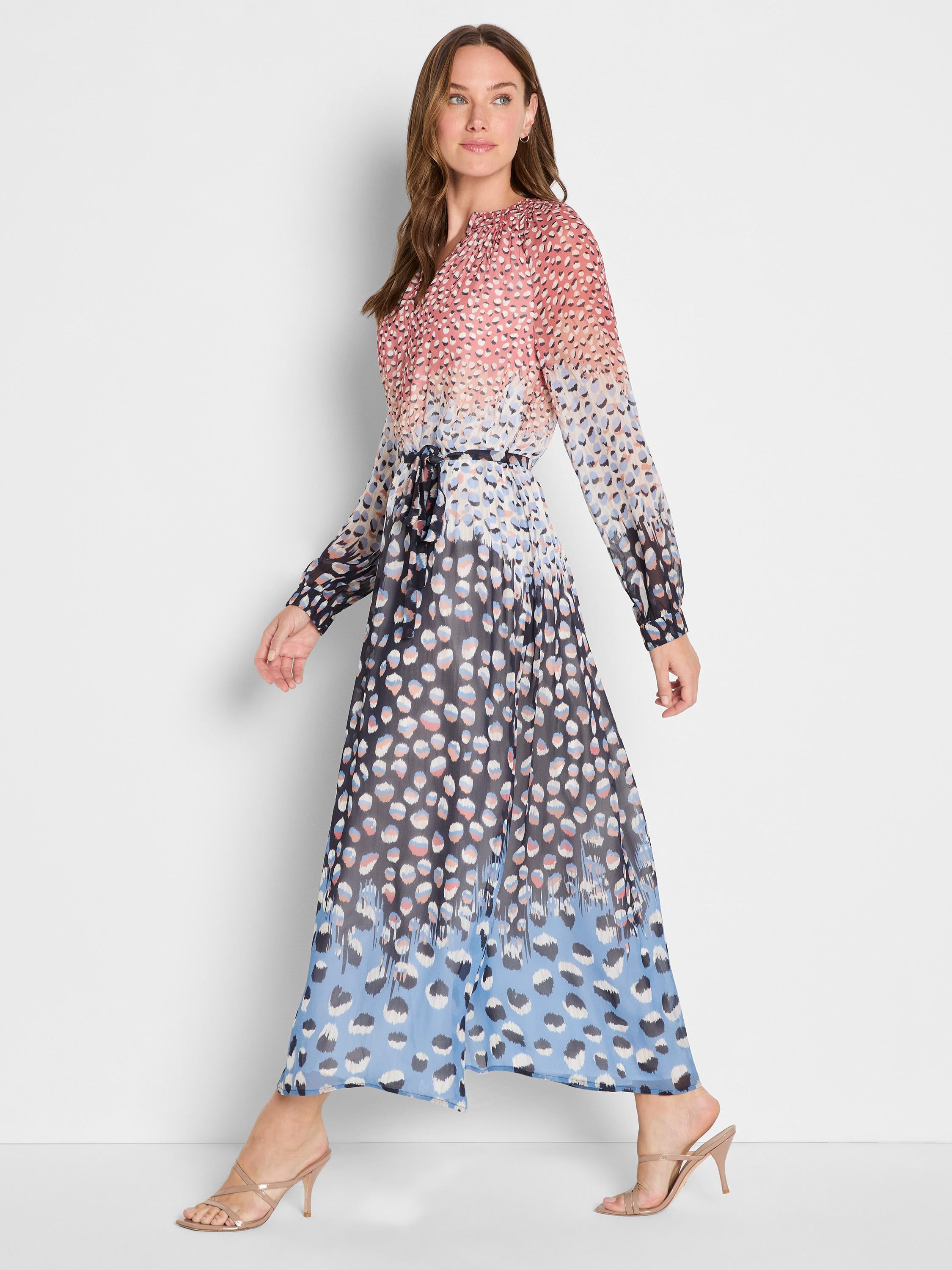 Long flowy multicolored spot print sheer maxi dress with gathered details and a defined belted waist.