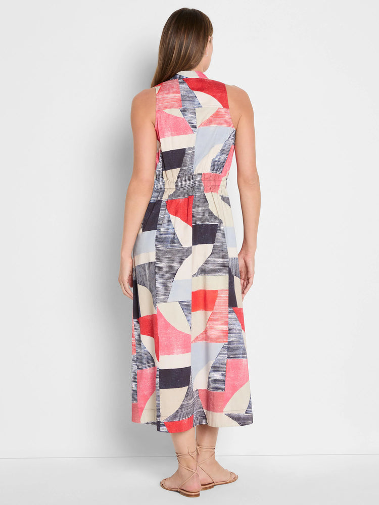 Sleeveless midi dress with collared neck, elastic waist. Abstract geometric pattern in red, navy, light blue, and beige.