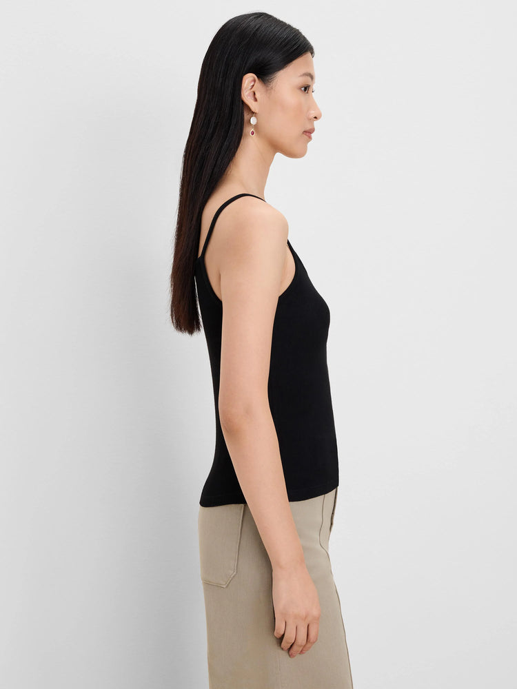 Black rib knit cami with thin straps, fitted.