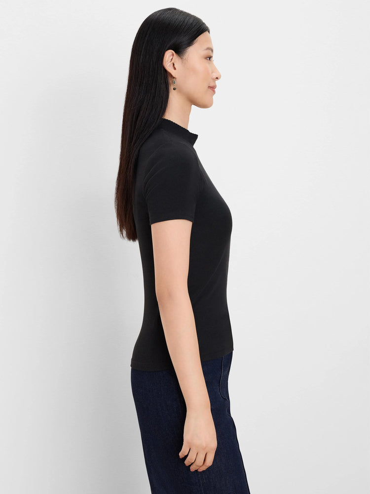 Black rib knit short sleeve mockneck top.