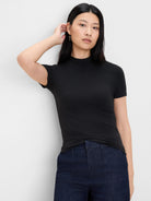 Fitted black rib knit mockneck top with short sleeves.