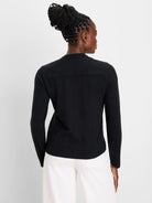 Black long-sleeve top with a subtle cable knit texture, shown from the back.
