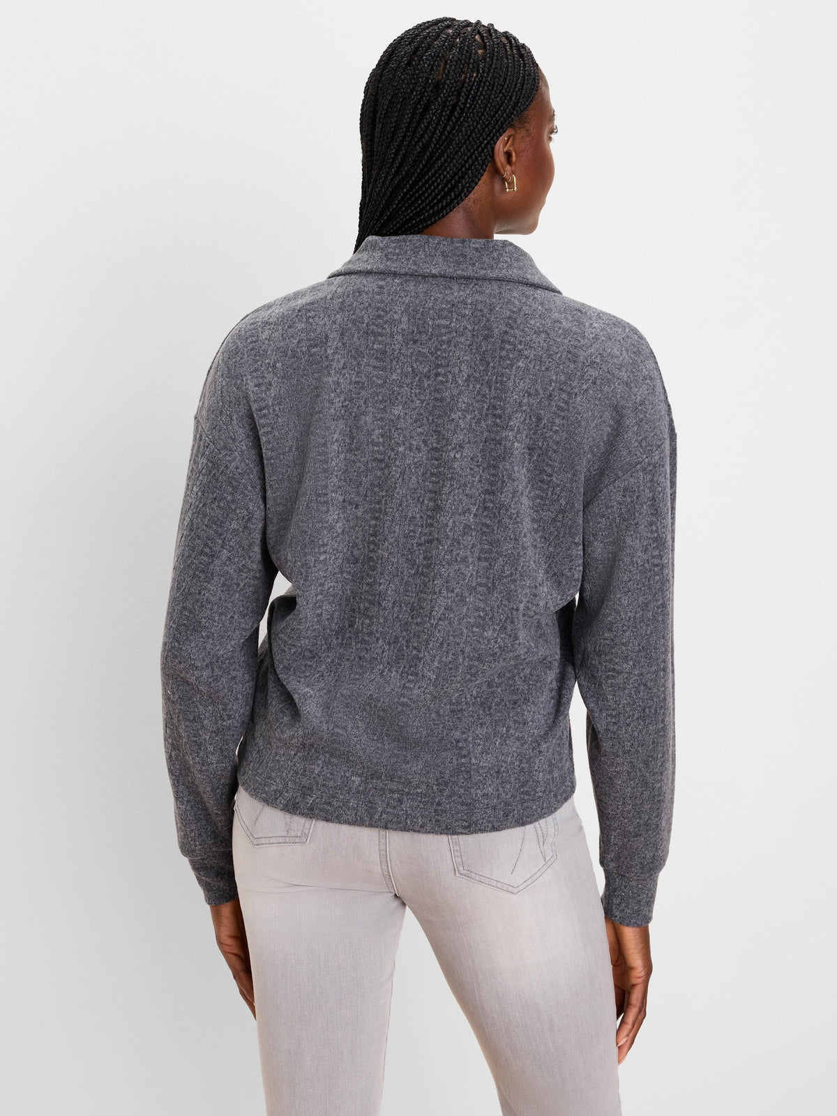 Dark grey cable knit pullover top with a collar, shown from the back.