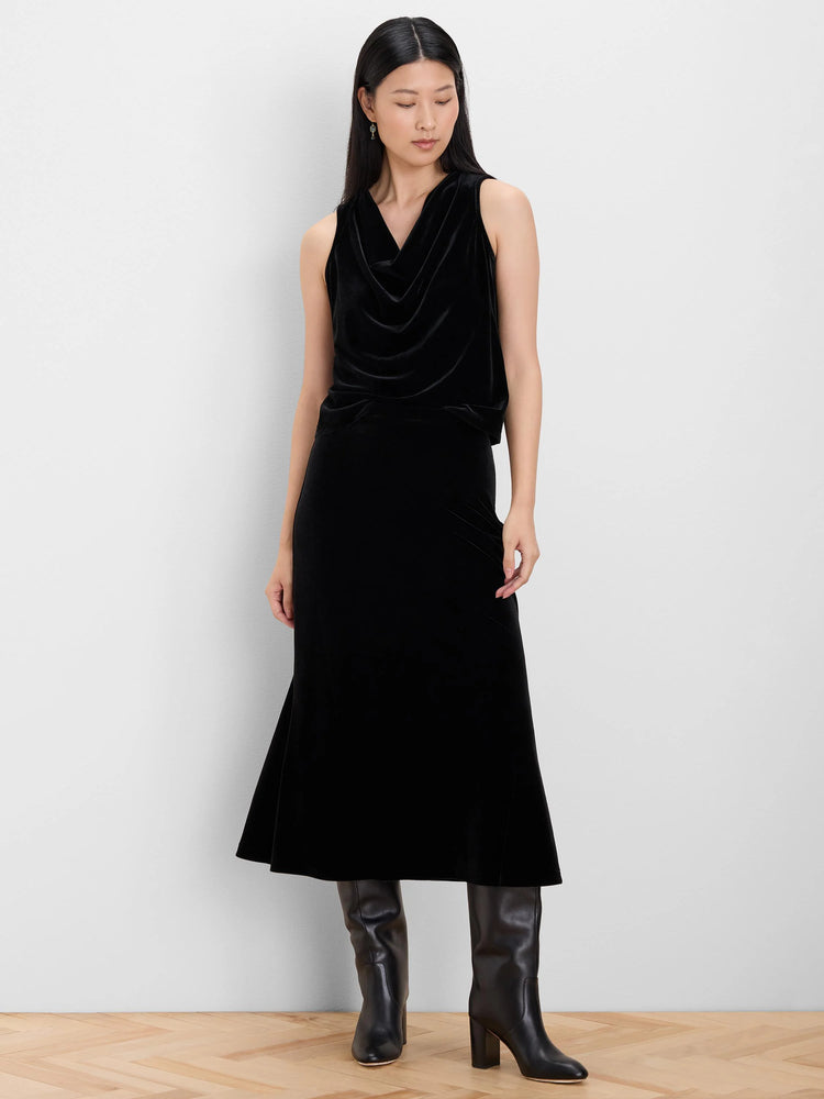 Black velvet sleeveless tank with a draped cowl neck.