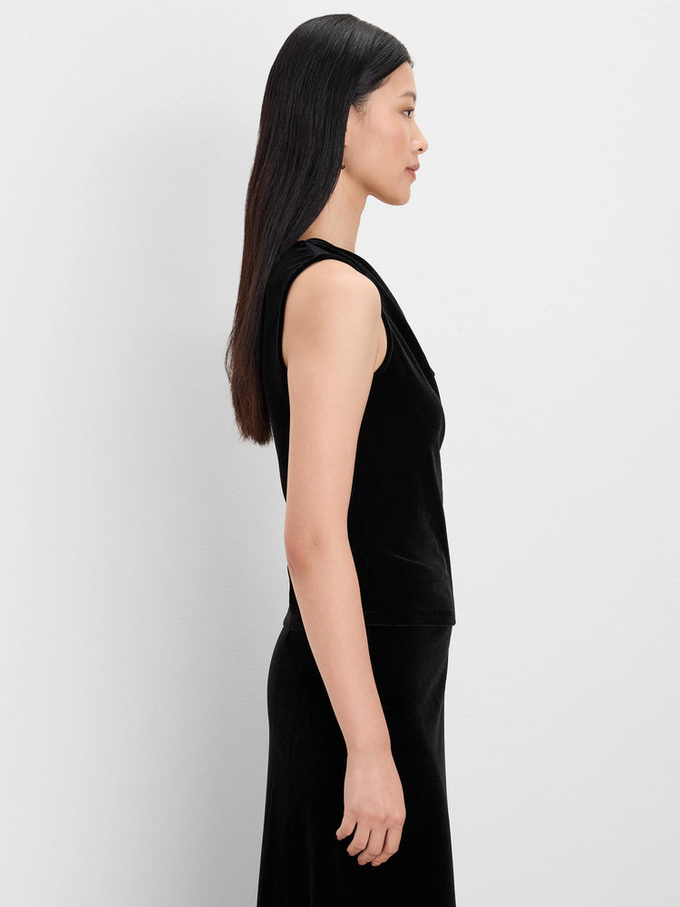 Black velvet drape neck tank, side view on model.