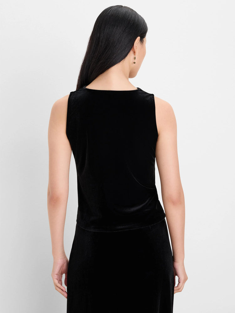 Black velvet sleeveless tank, back view. Features a soft, slightly shiny texture and a shallow scoop back.