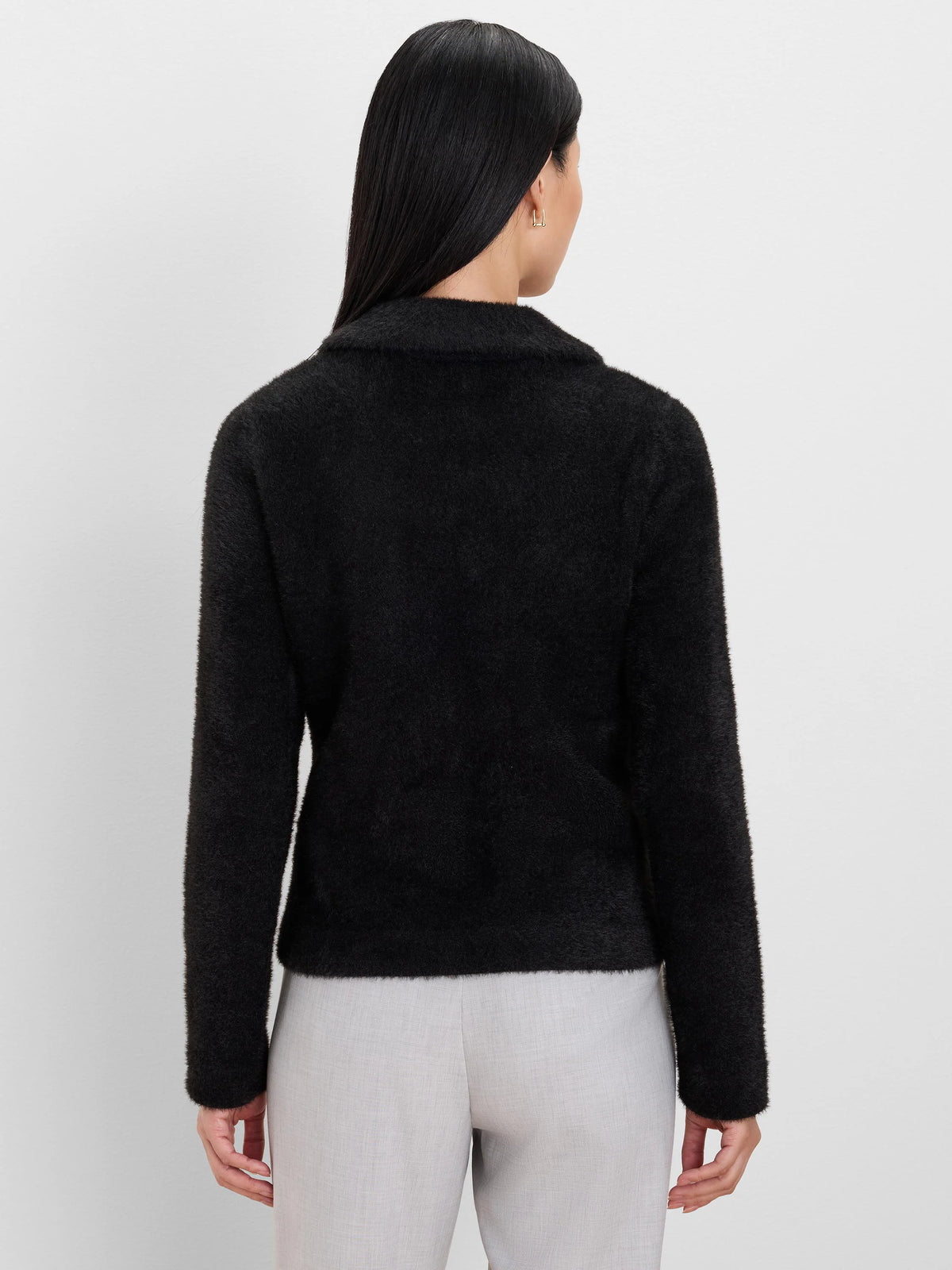 Black fuzzy collared jacket, shown from the back on a model.
