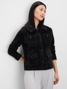 Black fuzzy jacket with a collar, button-front closure, and four buttoned patch pockets.