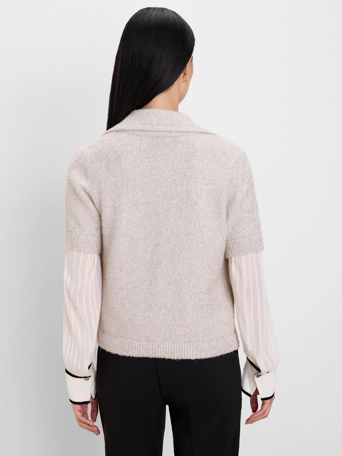Light beige short-sleeve fuzzy knit cardigan with shimmering threads and a lapel collar.