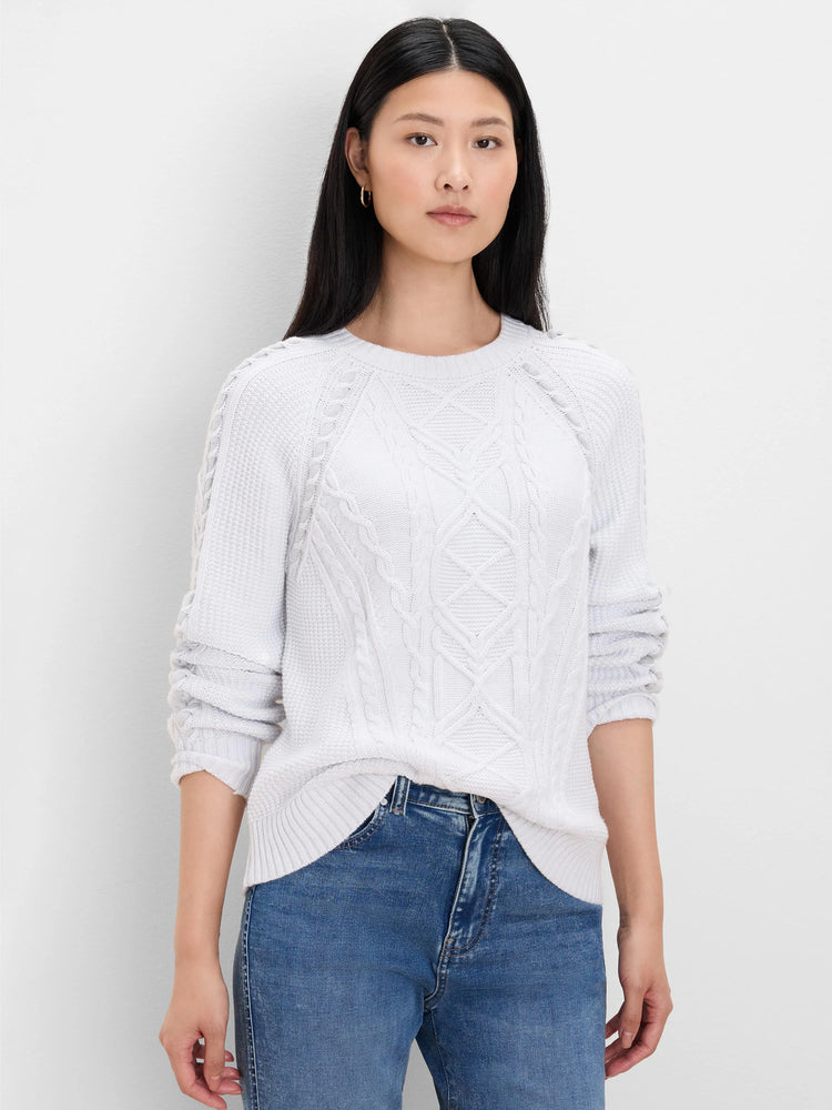Pale grey crewneck sweater featuring patchwork cable knit patterns on body and sleeves.
