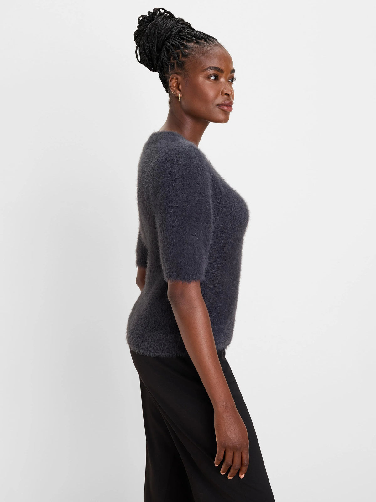 Fuzzy charcoal short-sleeve sweater tee.