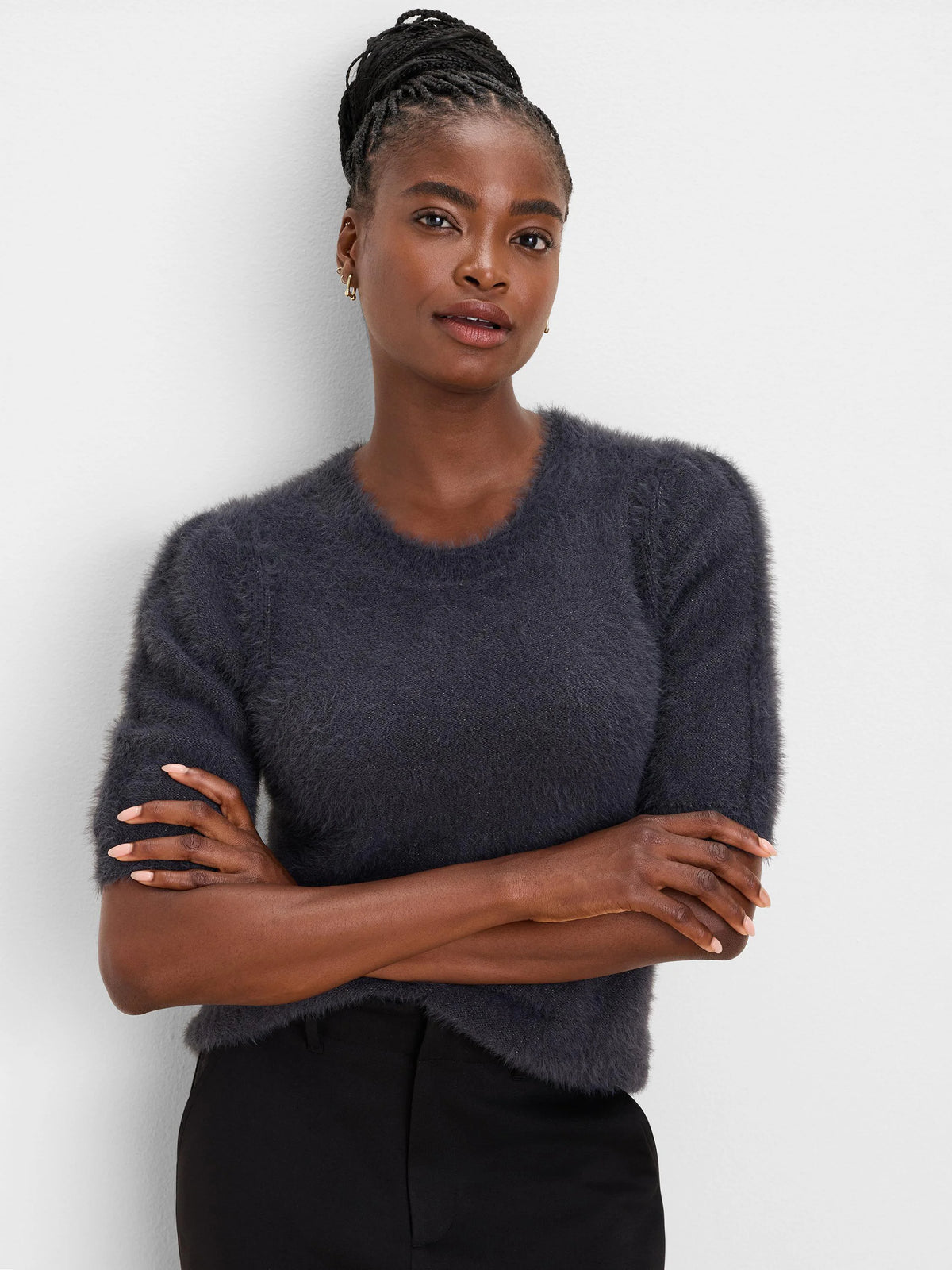 Dark gray fuzzy sweater tee with a crew neck and elbow-length sleeves.