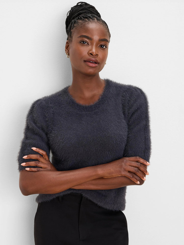 Dark gray fuzzy sweater tee with a crew neck and elbow-length sleeves.