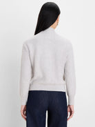Light grey Loopy Knit Jacket, fuzzy texture, mock neck, ribbed cuffs & hem, back view.