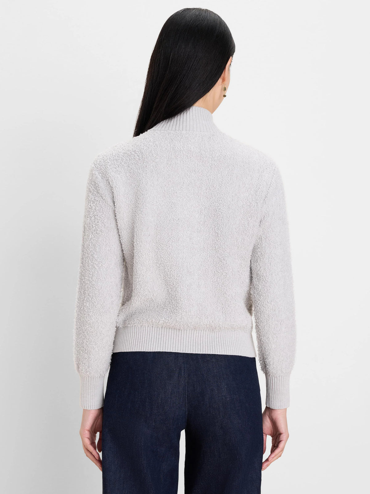 Light grey Loopy Knit Jacket, fuzzy texture, mock neck, ribbed cuffs & hem, back view.