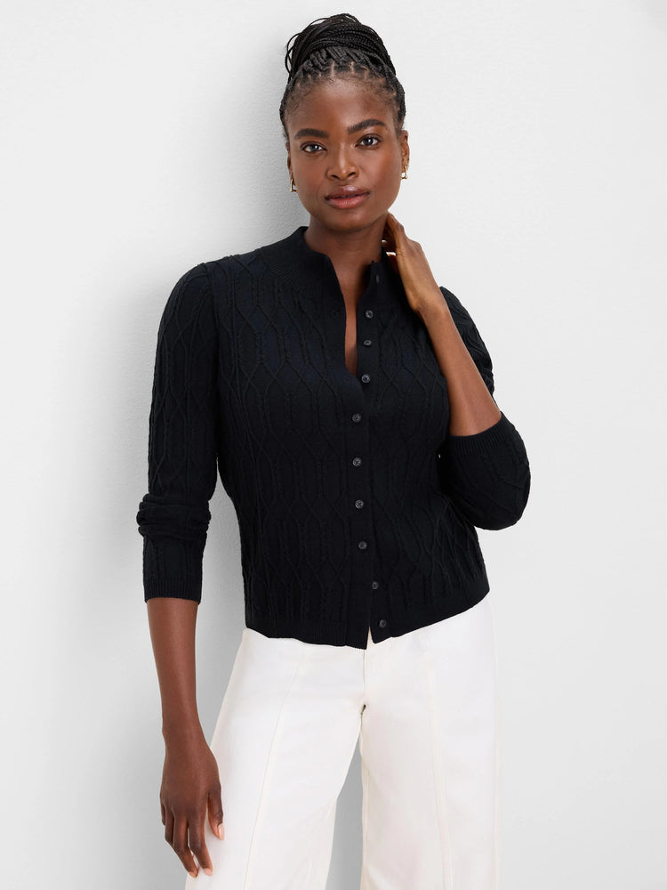 Black mockneck cardigan with cable knit pattern and front buttons.