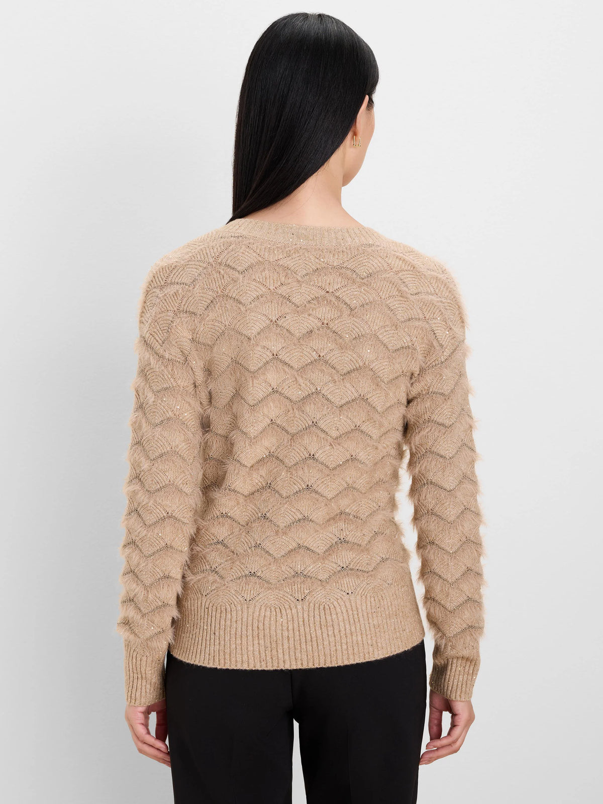Tan scallop knit sweater with fuzzy texture and subtle sparkle.