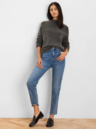 Charcoal fuzzy mock neck sweater, relaxed fit.