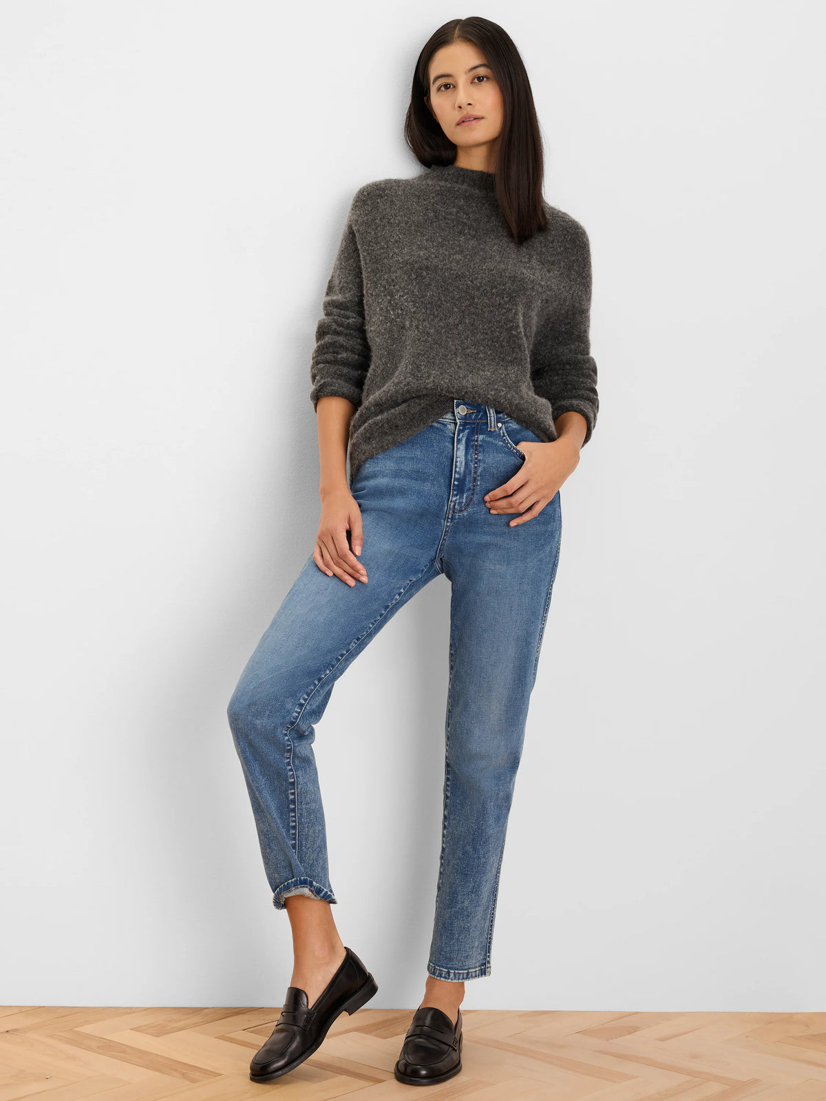 Charcoal fuzzy mock neck sweater, relaxed fit.