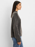 Dark gray, fuzzy knit mock neck sweater with a relaxed fit.