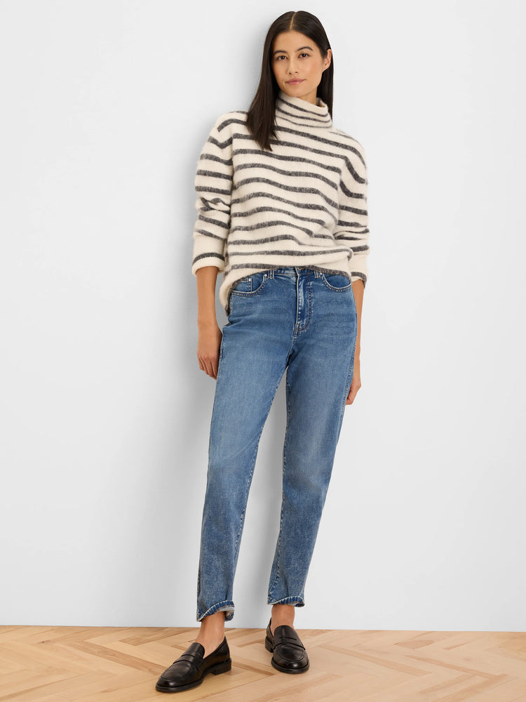Cream and dark grey brushed turtleneck sweater with horizontal stripes.