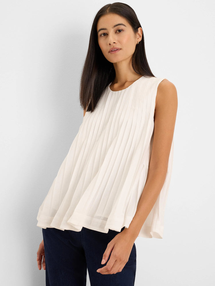 Off-white pleated chiffon babydoll tank, sleeveless with a round neck and loose, flowing fit.