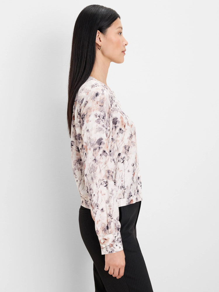 Lumeria shirt, off-white with muted brown/grey abstract floral pattern. Long sleeves, buttoned cuffs.