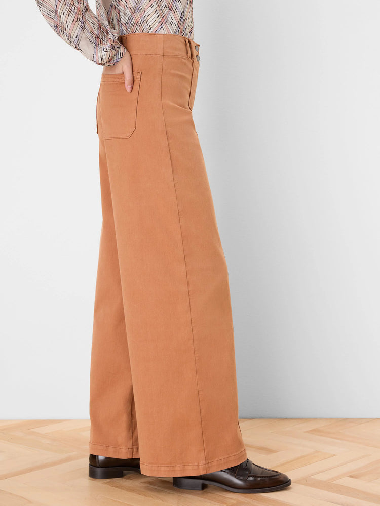 Caramel wide-leg jeans with a double-button waist, front and back patch pockets.