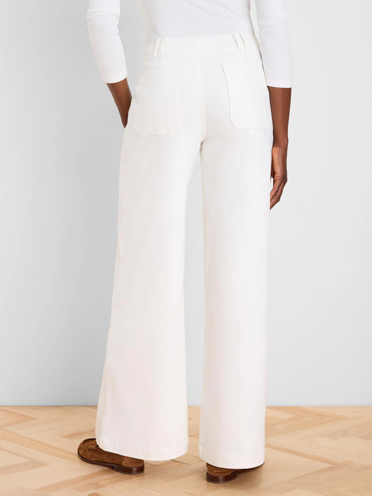 Off-white wide leg jeans, back view on model, showing flat patch pockets, belt loops, and full-length cut.