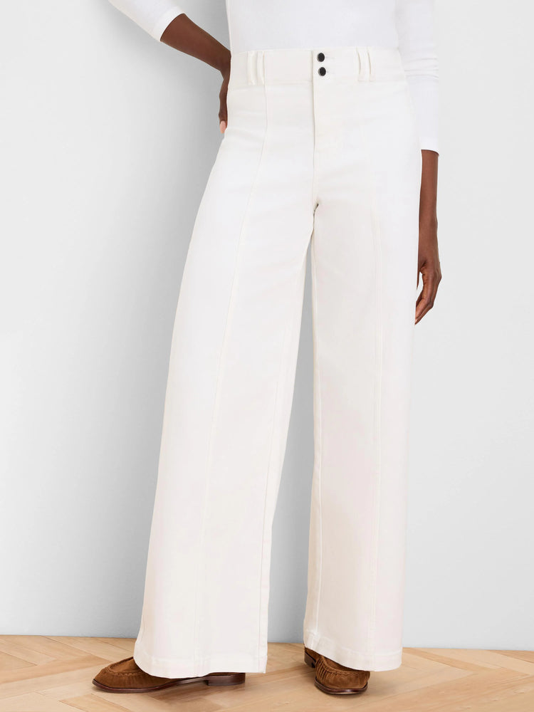 Cream wide-leg jeans with a high waist, two black buttons, and distinct vertical front seams.