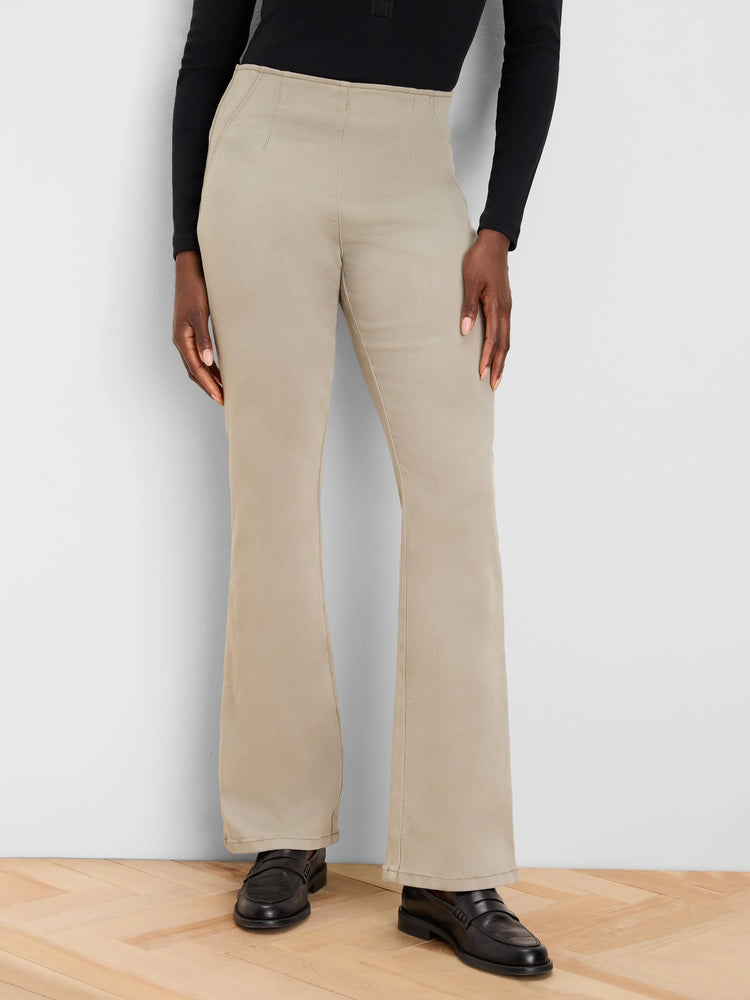 High-waisted, tan bootcut jeans with subtle vertical front seams.