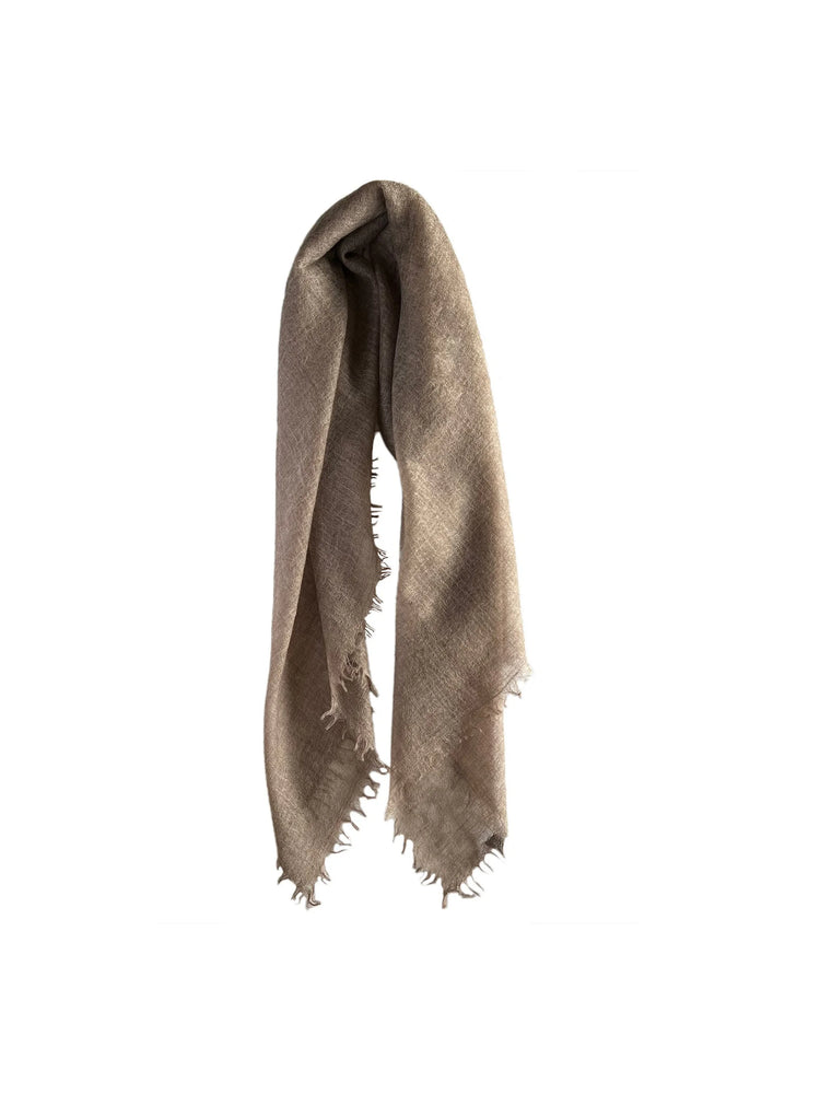 Taupe cashmere neck scarf, draped with visibly frayed edges.
