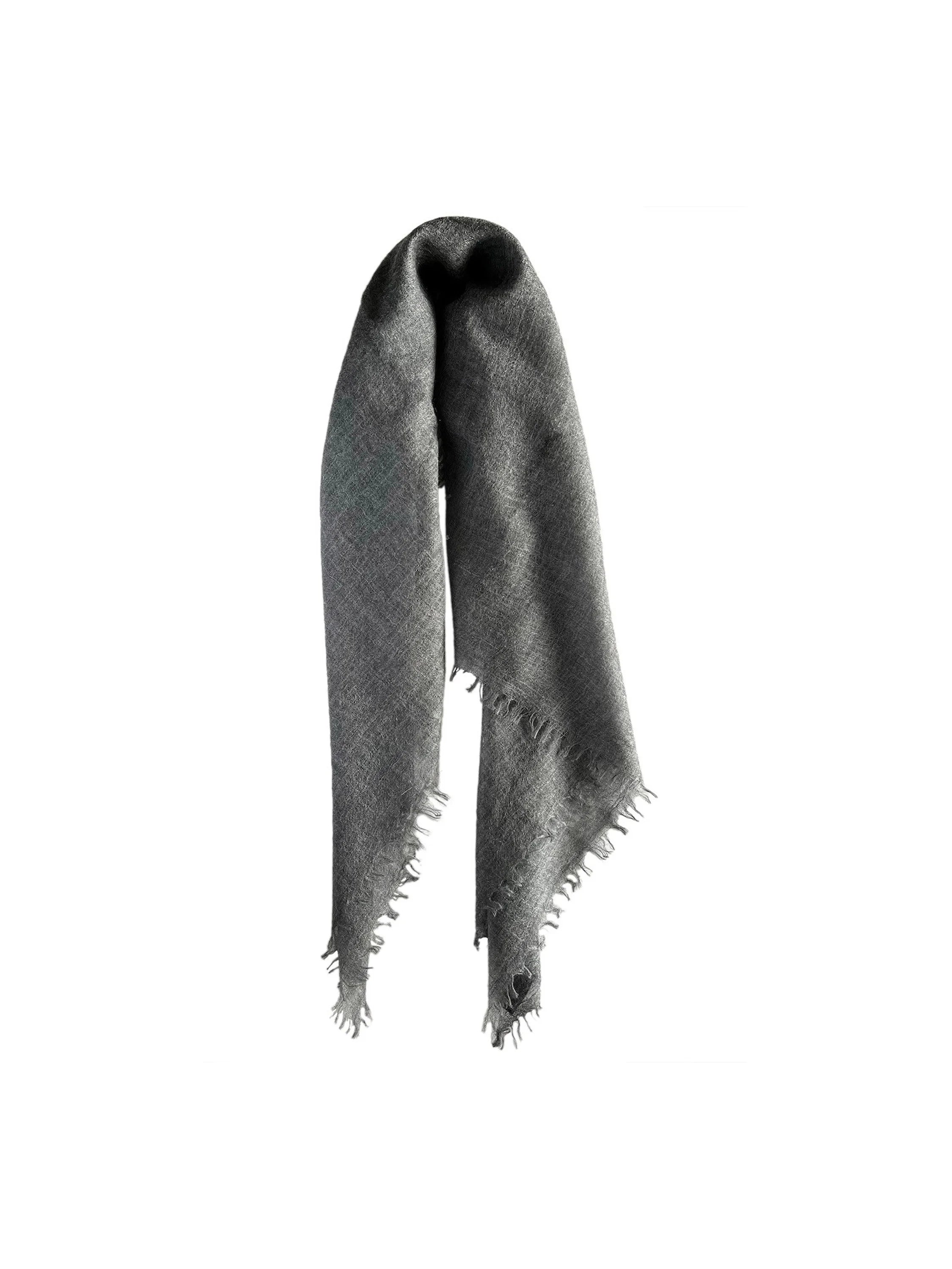 Charcoal grey neck scarf, softly draped, with frayed ends.