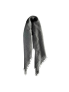 Dark grey cashmere neck scarf, folded in a U-shape, with visible fringed ends.