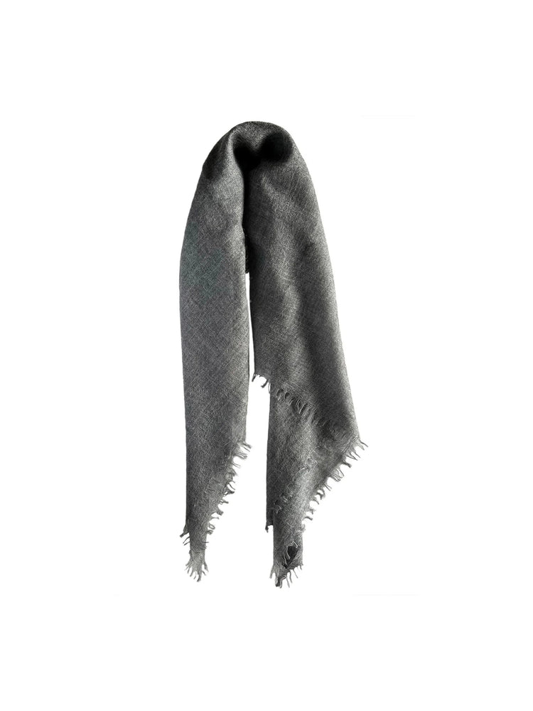 Dark grey cashmere neck scarf, folded in a U-shape, with visible fringed ends.