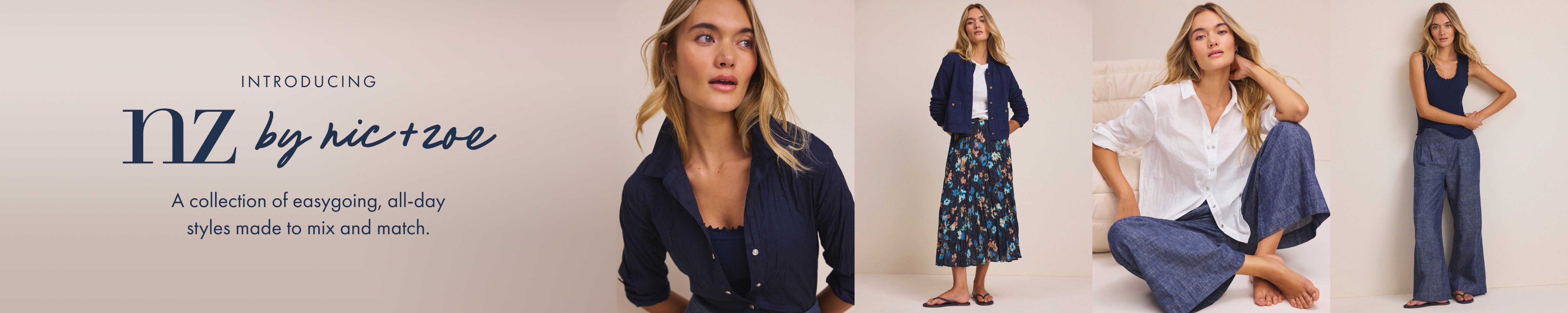 Promotional banner for 'nz by nic+zoe' clothing collection featuring a woman and various outfits.