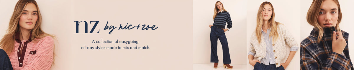 A wide banner-style fashion image with four women modeling different outfits against a light beige background, alongside the text 'nz by nic+eze' and the tagline 'A collection of everyday, all-day styles made to mix and match.' Because multiple people are present, the subject_type is classified as Lifestyle.