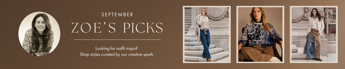 A promotional banner for 'Zoe's Picks' featuring a portrait of a woman on the left and three smaller photos of models wearing outfits on the right, set against a dark brown background with white text.