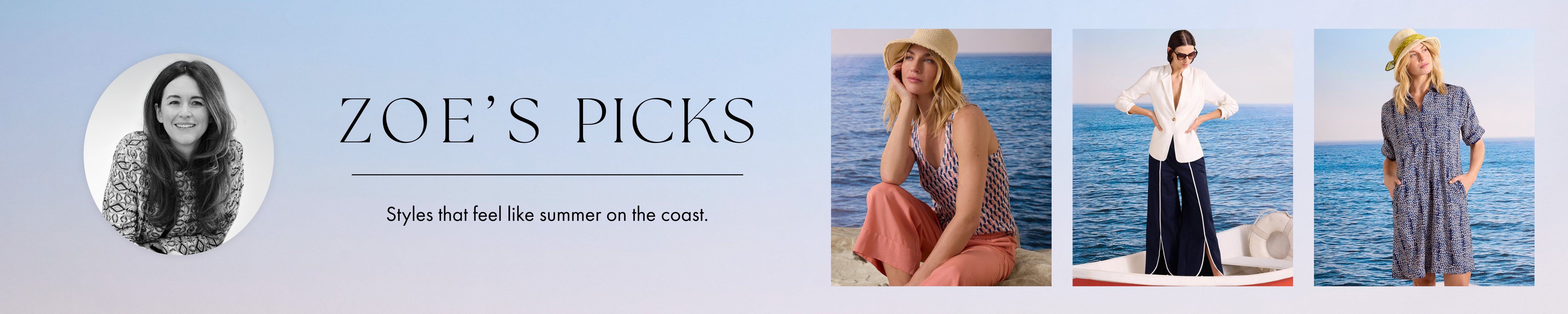 Promotional banner for 'Zoe's Picks' with images of women in summer outfits by the ocean.
