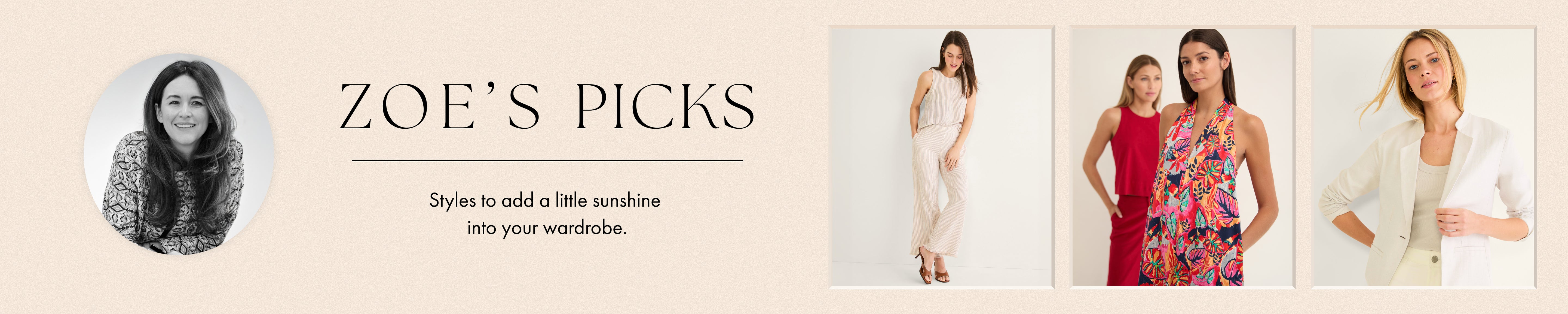 Promotional banner for 'Zoe's Picks' with images of women wearing dresses and a text overlay.