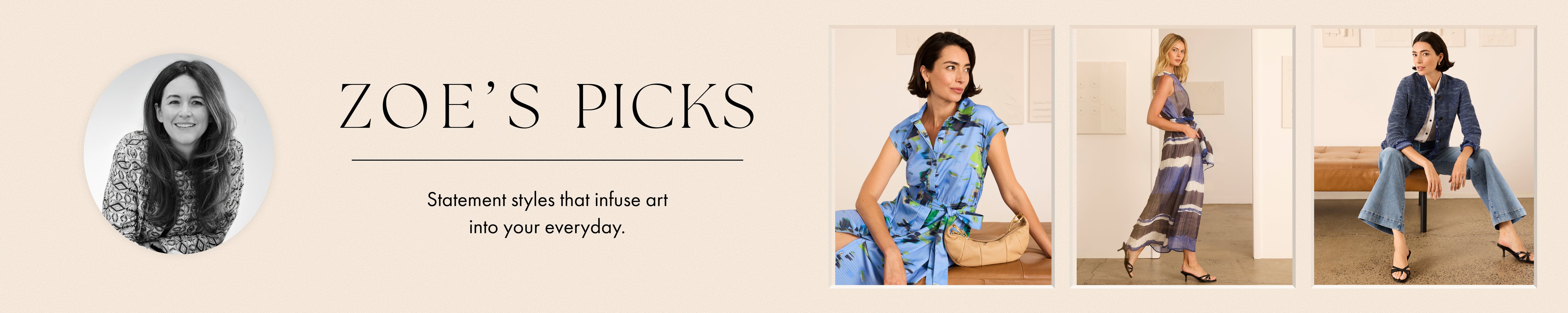 Promotional banner for 'Zoe's Picks' with a woman in a floral dress and text about stylish outfits.