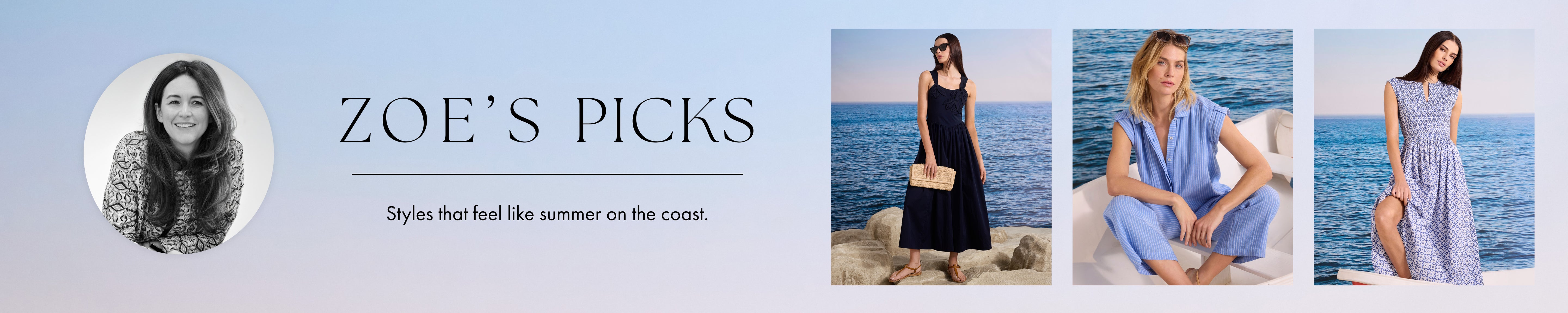 Promotional banner for 'Zoe's Picks' with images of women in dresses by the ocean.